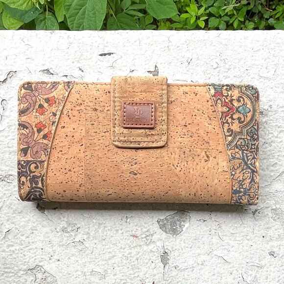 Portuguese Natural Cork Eco-Friendly Floral Tan Vegan Continental Wallet Clutch - Picture 1 of 7